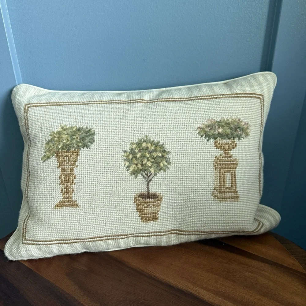 Waverly Wool Needlepoint Lumbar Pillow Topiary French Country English Cottage 16